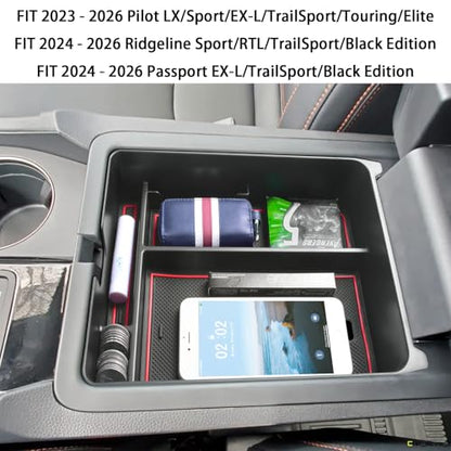 EDBETOS Center Console Organizer Compatible with 2023-2026 Honda Pilot, 2024 2025 2026 Honda Ridgeline/Passport Insert Tray Secondary Storage Armrest Box ABS Plastic Material, Red - color: Red
