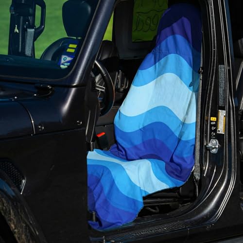 2 Pack Car Seat Towel Covers, Sweat Protector for Front Seats, Premium Thickened Microfiber with Elastic Strap, Breathable & Quick Dry, Machine Washable Cover for Gym Running Universal Fit Waves - color: Blue Waves