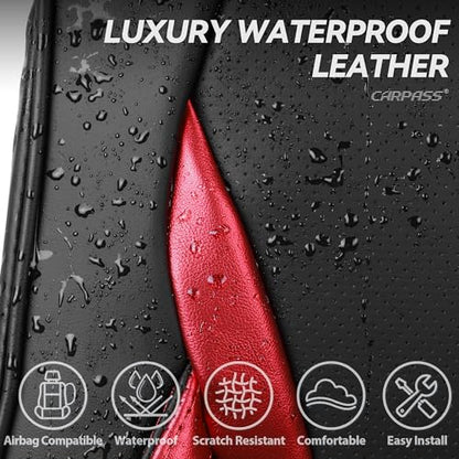 CAR PASS Nappa Leather Car Seat Covers, Durable Waterproof Luxury Universal Seat Covers for SUV Pick-up Truck Sedan, Anti-Slip Driver 5 Seat Covers Full Set with Backrest, Black Metallic Red - color: Black Metallic Red, size: Full Set