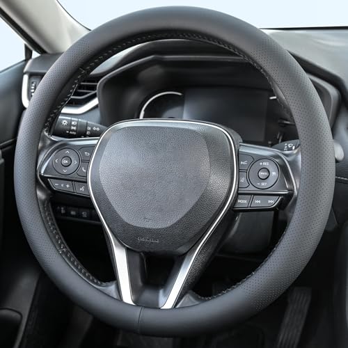 Uxcer Nappa Leather Steering Wheel Cover, Universal 14.5–15 Inch Non-Slip Breathable Steering Wheel Cover for Cars, Black - color: Black