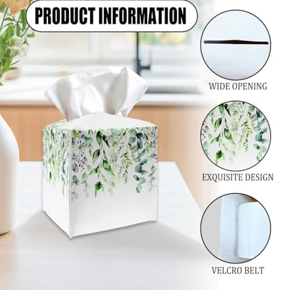 Watercolor Green Leaves Tissue Box Cover Holder, Leather Tissue Box Cover with Bottom Belt, Square Facial Paper Organizer for Tabletop, Bathroom, Kitchen, Car & Office -047 - color: Leaves