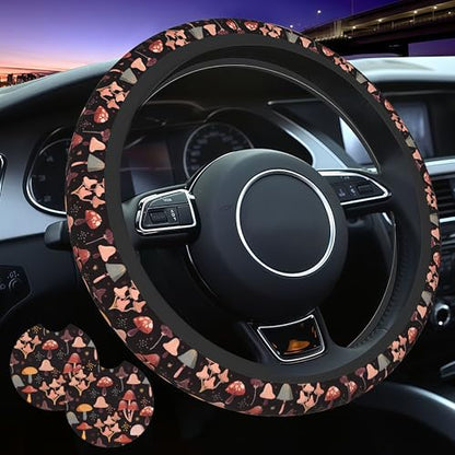 Mushroom Steering Wheel Cover Woodland Mushroom Fern Steering Wheel Cover Breathable Universal for 15 Inch Anti-Slip Car with 2 Pieces Car Coasters Suitable for Men Women Mushrooms - color: Mushroom