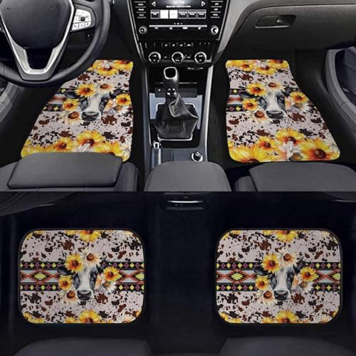 Aztec Cow Sunflower Car Floor Mats 4 Pieces Car Accessories,Wear-Resisting Automotive Protector Front & Back Floor Cushion Rubber Durable Non-Slip Universal Fits - color: Aztec Cow Sunflower