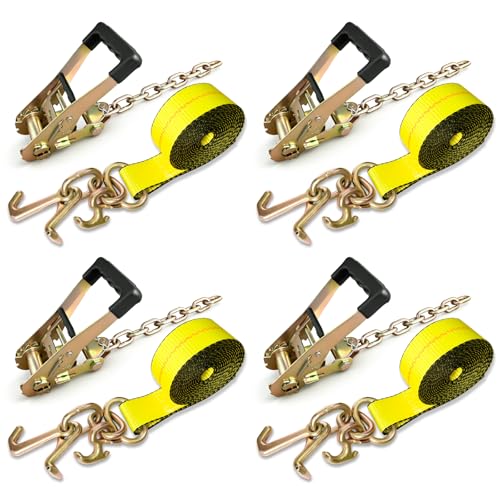 4PCs Towing Recovery Winch Strap w/RTJ Cluster Hook 2" x12', with 4PCs Ratchet Chain Tail, 10000LBS Recovery Towing Truck Straps, Towing Truck Car Trailer Winch Wrecker Tie Down Straps - size: 2"x12FT w/Ratchet(4PCs)