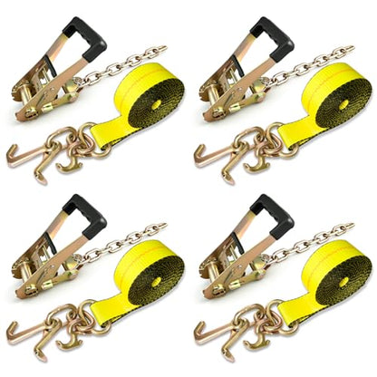 4PCs Towing Recovery Winch Strap w/RTJ Cluster Hook 2" x12', with 4PCs Ratchet Chain Tail, 10000LBS Recovery Towing Truck Straps, Towing Truck Car Trailer Winch Wrecker Tie Down Straps - size: 2"x12FT w/Ratchet(4PCs)