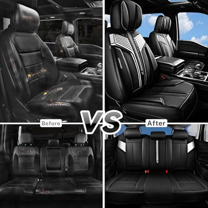 CAR PASS Nappa Leather Seat Covers, Breathable Waterproof Car Seat Covers Full Set, Luxury Leather Front and Back Seats Full Coverage, Universal Fit SUV Pick-up Truck Sedan Automotive(Black Sliver) - color: Black Silver, size: Full Set Full Coverage