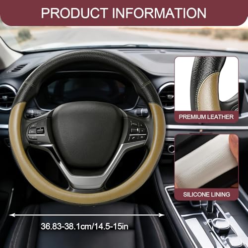 Car Steering Wheel Cover, Durable Leather Cover with Anti-Slip Lining, Microfiber PU Leather Elastic Steering Wheel Protector, Comfortable Non-Slip Steering Wheel Covers for Autos (Beige) - color: Beige