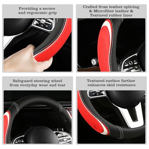 Leather Splicing Black Red White Car Steering Wheel Cover,14.5-15 Inch Universal Microfiber Leather Covers Breathable Anti-Slip Odorless Steering Wheels Accessories for Men Women - color: Leather Splicing - Black Red White