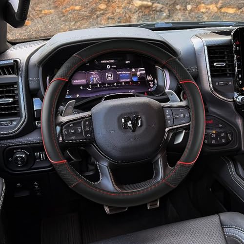 Steering Wheel Cover for Dodge RAM 1500, 2500, 3500 - Premium Microfiber Leather Auto Car Accessory with Non-Slip Grip, Rugged Durability & Interior Upgrade, 15.5-16 inch (Red-Large Size)