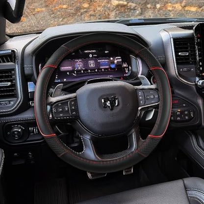 Steering Wheel Cover for Dodge RAM 1500, 2500, 3500 - Premium Microfiber Leather Auto Car Accessory with Non-Slip Grip, Rugged Durability & Interior Upgrade, 15.5-16 inch (Red-Large Size)