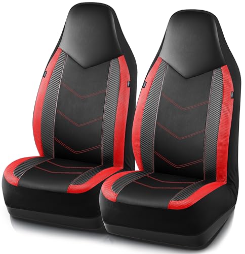 PIC AUTO Leather Car Seat Covers, Sports Carbon Fiber & Mesh Design, High-Back Two Front Set, Waterproof Automotive Seat Covers, Airbag Compatible, Universal Fit for Most Cars (Black & Red) - color: Red, size: Two Front