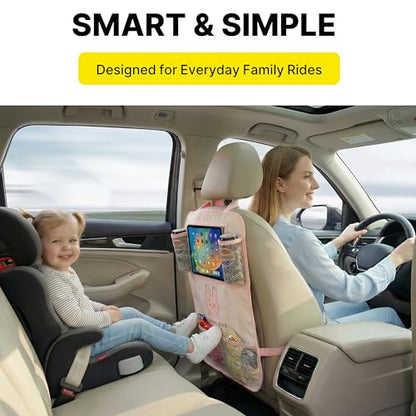 Backseat Car Organizer for Kids, Car Seat Organizer with 11” Touch Screen Tablet Holder, Rear Seat Storage Bag with Drink Pockets, Anti-Kick Seat Back Protector for Travel (Pink Rabbit)