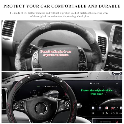Soft Leather Steering Wheel Cover, 15 Inch Elastic Non-Slip Car Wheel Protector with Crystal Diamond, Universal Sparkling Diamond Crown Accessories for Most Steering Wheels (Black) - color: Black