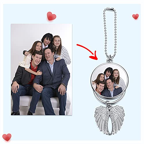 Custom Photo Rearview Mirror Car Charm Double Side Picture Engraving Car Hanging Ornament Angel Wing Car Charm Gift for Men Women - color: Silver-1 Pc