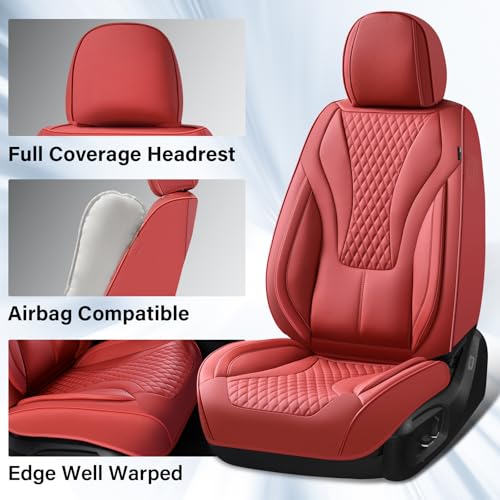 Coverado Waterproof Nappa Leather Car Seat Covers Full Set, Red 5-Seat Car Seat Protector, Front & Rear Cushions Fit for Most Sedans, SUVs, Pick-up Trucks - color: pure red