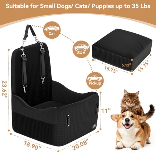 PETSFIT Dog Booster Car Seat for Small/Medium Dogs Up to 35 lbs – Patented Safety System, 5" Memory Foam Pet Car Seat, Fully Detachable and Washable Cover, Front/Back Seat Travel Booster (Black) - color: Black