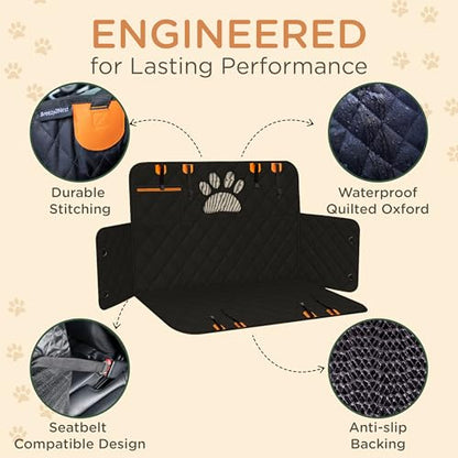 Pet Seat Cover for Back Seat – Waterproof Backseat Cover for Dogs in Car with Mesh Window, Oxford Fabric, Storage Pocket, Side Flaps & Carry Handles