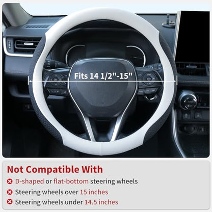 Uxcer Nappa Leather Steering Wheel Cover, Universal 14.5–15 Inch Non-Slip Breathable Steering Wheel Cover for Cars, White - color: White