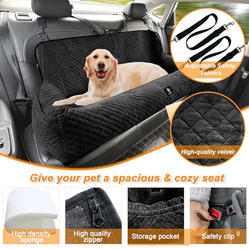 Dog Car Seat for Large Dog Car Bed Under 100LBS, Pet Booster Back Seat Removable Washable with Safety Tethers/Storage Pocket（Black） - color: Dog Car Bed(Black)