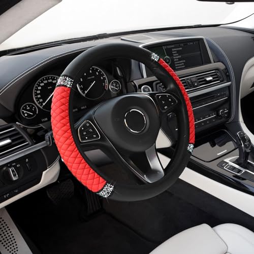 Bling Soft Leather Steering Wheel Cover, Anti-Slip Car Steering Wheel Protector, 15 Inch Rhinestones Soft Leather Elastic Steering Wheel Protector for Women Girls, Car Accessories for Most Cars - color: Red, size: Rhinestones