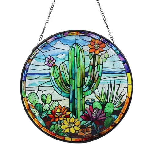 Cactus Stained Glass Window Hanging Suncatcher with Chain - 7.9" Arizona Outdoor/Indoor Art Decor for Home Garden, Thanksgiving, Wedding, Mother's, Valentine's & Christmas Ornaments Present - color: Cactus