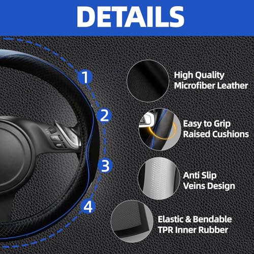 NBTEPEM 6 PCS Car Steering Wheel Cover Set, Microfiber Leather Steering Wheel Covers Universal 14.5-15 inch, Center Console Cover, Seat Belt Cushion, Cup Holder Coaster, Car Accessories Set Blue - color: Black with blue, size: Steering Wheel Cover Set