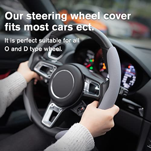 Nappa Leather Steering Wheel Cover - Universal 99% Segmented Steering Wheel Protector (Grey), 2PCs