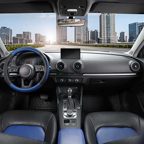 SEG Direct Car Steering Wheel Cover for Prius Civic Model 3 Model Y Camaro, Small Size 14-14.25 inch, Black and Blue Microfiber Leather - color: Black and Blue, size: Small size[14''-14 1/4'']