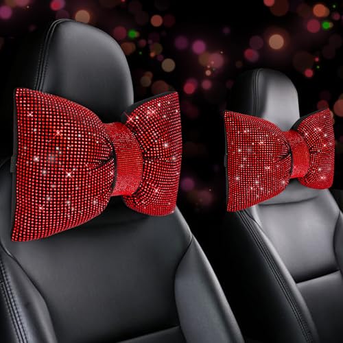 4 PCS Bling Car Pillows,Rhinestones Bowknot Car Headrest Pillow,Car Neck Pillow for Driver Relax Necksupport,Sleeping Travel Support Neck Pillow,Shiny Diamond Interior Accessories for Women,Red - color: Red, size: 4pcs
