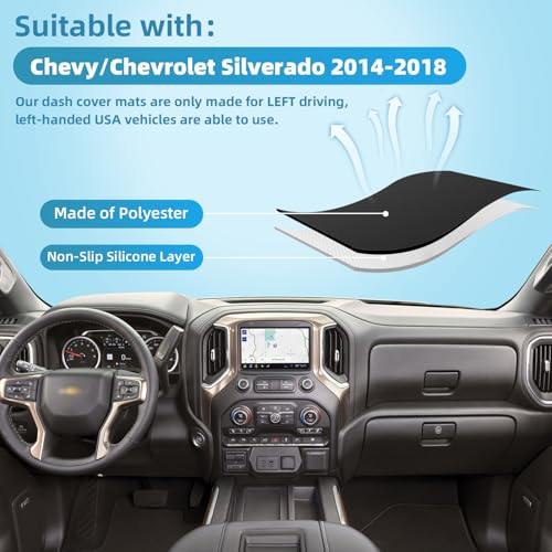 Dashboard Dash Cover Mat for Chevy Chevrolet Silverado 2014 2015 2016 2017 2018 Polyester Custom Fit Silverado Dash Cover Black Trim (Silverado 2014-2018, Black) - size: Chevy Silverado 2014-2018