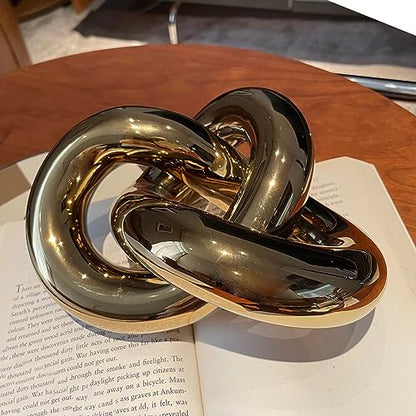 Large Ceramic Gold Knot Statue Décor, Gold Coffee Table Decor, Multi-Angle Abstract Geometric Sculpture Ornament, Modern Home Decor Accents for Living Room, Bedroom, Office