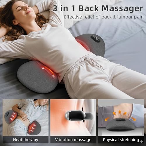 3 in 1 Lower Back Massager, Triple Fusion Back Massager with Heat, Vibration and Gentle Stretch, Lumbar Support Pillow for Bed, Chair and Office(Gray)