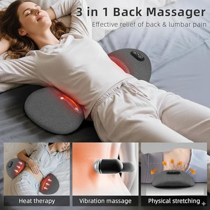 3 in 1 Lower Back Massager, Triple Fusion Back Massager with Heat, Vibration and Gentle Stretch, Lumbar Support Pillow for Bed, Chair and Office(Gray)