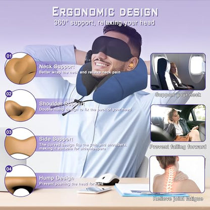 Neck Travel Pillow, Upgraded Memory Foam Pillow for Airplane, Machine Washable, Adjustable Flight Pillow, Suitable for Sleeping Airplane, Car, Office and Home (Blue)