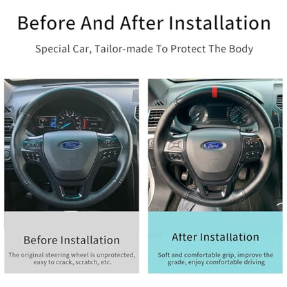 Steering Wheel Cover Hand-Stitch on Black Leather Gloss Carbon Fiber Protector Interior Steering Wheel Wrap for 2016 2017 2018 2019 Ford Explorer Base XLT Limited Platinum Sport