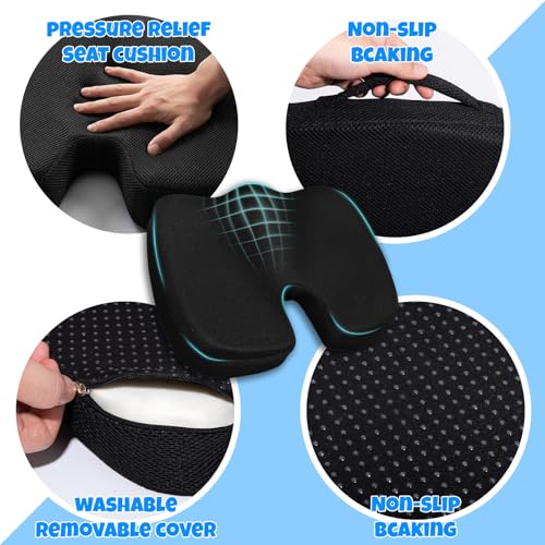 Ergonomic Seat Cushion with Memory Foam for Office Chair, Car Seat, Non-Slip Cushion, Sciatica & Tailbone Relief, Breathable Mesh Cover, Portable Handle - Black