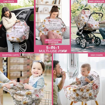 Metplus Car Seat Cover Baby Girl, No Touch Sign Carseat Canopy, Nursing Breastfeeding Covers, Stretchy Universal Fit, Multi-Use for Stroller/Shopping Cart/High Chair, Baby Shower Gift - color: STOP Flower