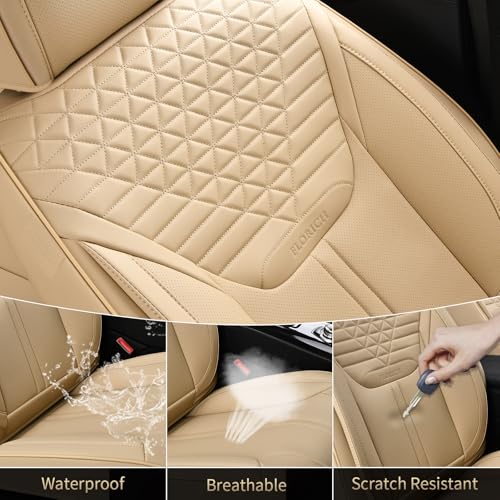 Car Seat Covers for Full Set, Universal Seat Cushion 5 Seats, Car Seat Protector Waterproof, Premium Leather Automotive Seat Covers for Most Cars, Sedans, SUVs, and Trucks-Beige