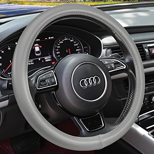 Heavy Duty Pure Cowhide Steering Wheel Cover SUV Car, Gray Genuine Leather Steering Wheel Cover Men Women Universal 14.5 to 15 Inch
