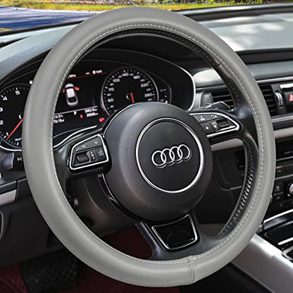 Heavy Duty Pure Cowhide Steering Wheel Cover SUV Car, Gray Genuine Leather Steering Wheel Cover Men Women Universal 14.5 to 15 Inch
