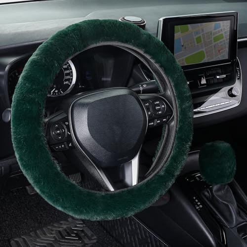 SEG Direct Furry Car Steering Wheel Cover with Gear Shift Cover, Soft and Warm, Cute Fluffy Auto Decor for Women Men, Standard Size, 2 PCS Set, Dark Green - color: Dark Green