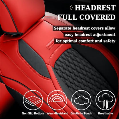 Coverado Curved Front Seat Covers Dodge RAM 1500, Waterproof Leatherette Seat Covers Full Coverage for Car Compatible with 2009-2018 Dodge Ram 1500, 2010-2024 Ram 2500 3500 Dodge RAM, Red - color: Red, size: Curved Front&No Rear