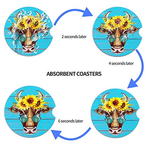 Car Coasters Pack of 2, Fun Sunflower Cow Design Absorb Condensation for Protect The Car Cup Holder and Keep Your car Clean, Small 2.56" Diameter, Easy Removal of Auto Cupholder（Blue Cow） - color: Blue Cow