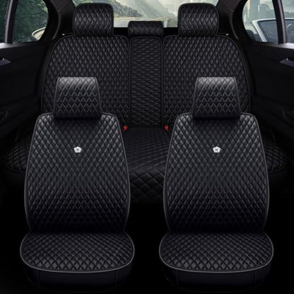 Red Rain Black Front and Rear Universal Car Seat Cover Leather Seat Cover with Crown Full Coverage 5 Seater (AA-Black) - color: AA-Black