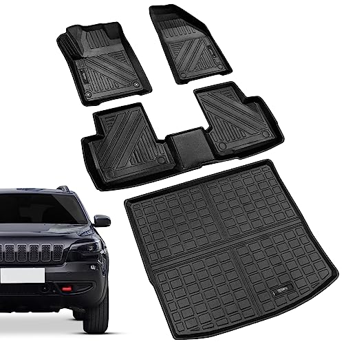 Vanseno Car Floor mats and Cargo Liners Set Black Compatible for 2014-2023 Jeep Cherokee 2Row Floor Mat & Trunk Mats All Weather Rubber Mats Liner (Not Fit Grand Cherokee&No Latittude) - color: Fit Cherokee 2014-2023 Floor Mats+Cargo Mat