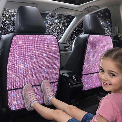 Bling Kick Mats for Car Seats with Pockets – Crystal Diamond Protectors for Girls & Women, Easy-to-Install Backseat Kick Mats with Storage & Sparkling Rhinestones Pink 2pcs - color: Pink 2Pcs