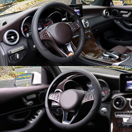 Breathable Car Steering Wheel Cover 15 inch Auto Universal Leather Wrap Non-Slip Steeringwheel Protector Automotive Interior Accessories, Black (Suit for 14 1/2-15 inch) - color: A-Black, size: M (14.5"-15")