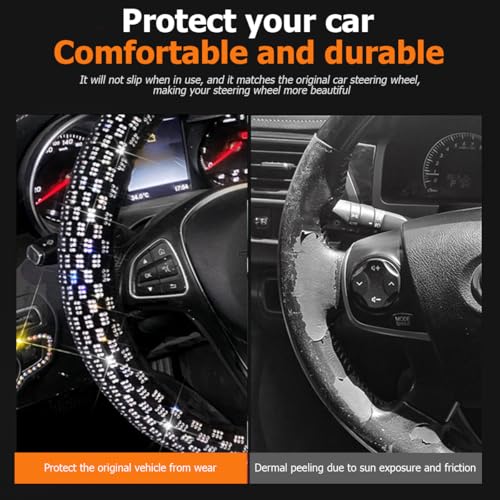 Bling Car Steering Wheel Cover, 14.96 Inch Crystal Glitter Rhinestones Vehicle Steering Wheel Protector, Diamond Automotive Interior Protective Guard Accessories, Universal Fit (White)