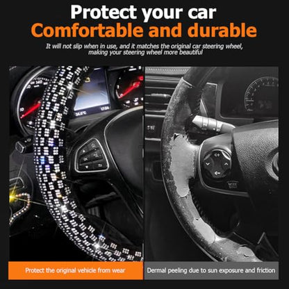 Bling Car Steering Wheel Cover, 14.96 Inch Crystal Glitter Rhinestones Vehicle Steering Wheel Protector, Diamond Automotive Interior Protective Guard Accessories, Universal Fit (White)