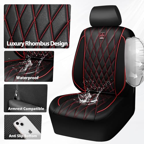 CAR PASS Piping Luxury PU Leather Two Front Car Seat Covers, Waterproof Anti Slip Seat Covers Compatible with Front Seat Armrests,Universal Fit for Suvs,Vans,Trucks,Airbag Compatible(Black and Red) - color: Black and Red, size: Two Front